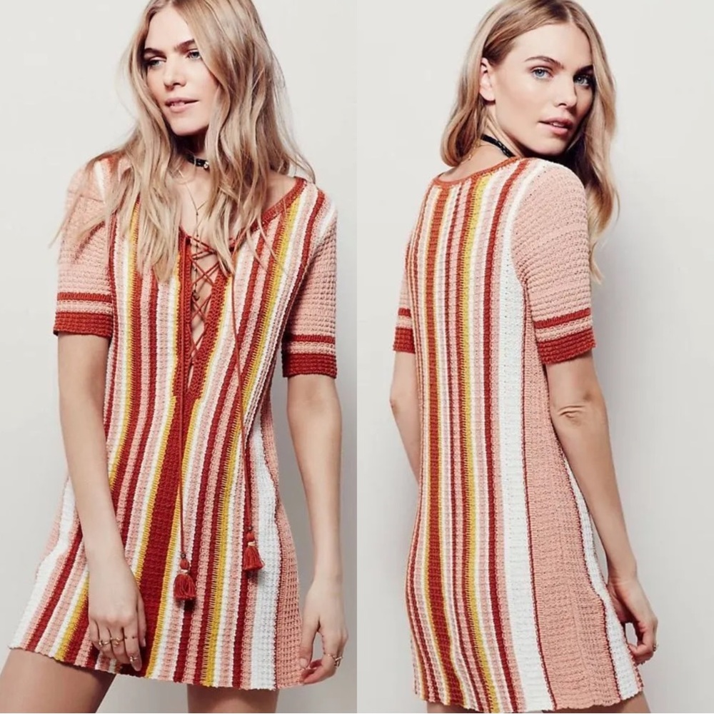 Free People Lollypop Short Sleeve Cotton Crochet Tunic Dress in Sunset